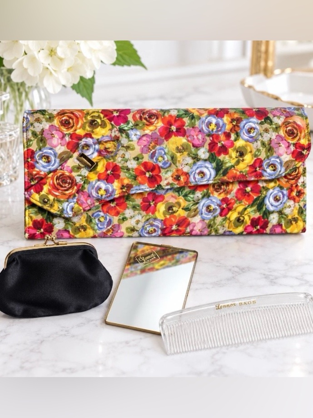 VTG 1960s Lennox Bags Floral Clutch Purse Comb Mirror Coin Purse 4 Pc Set